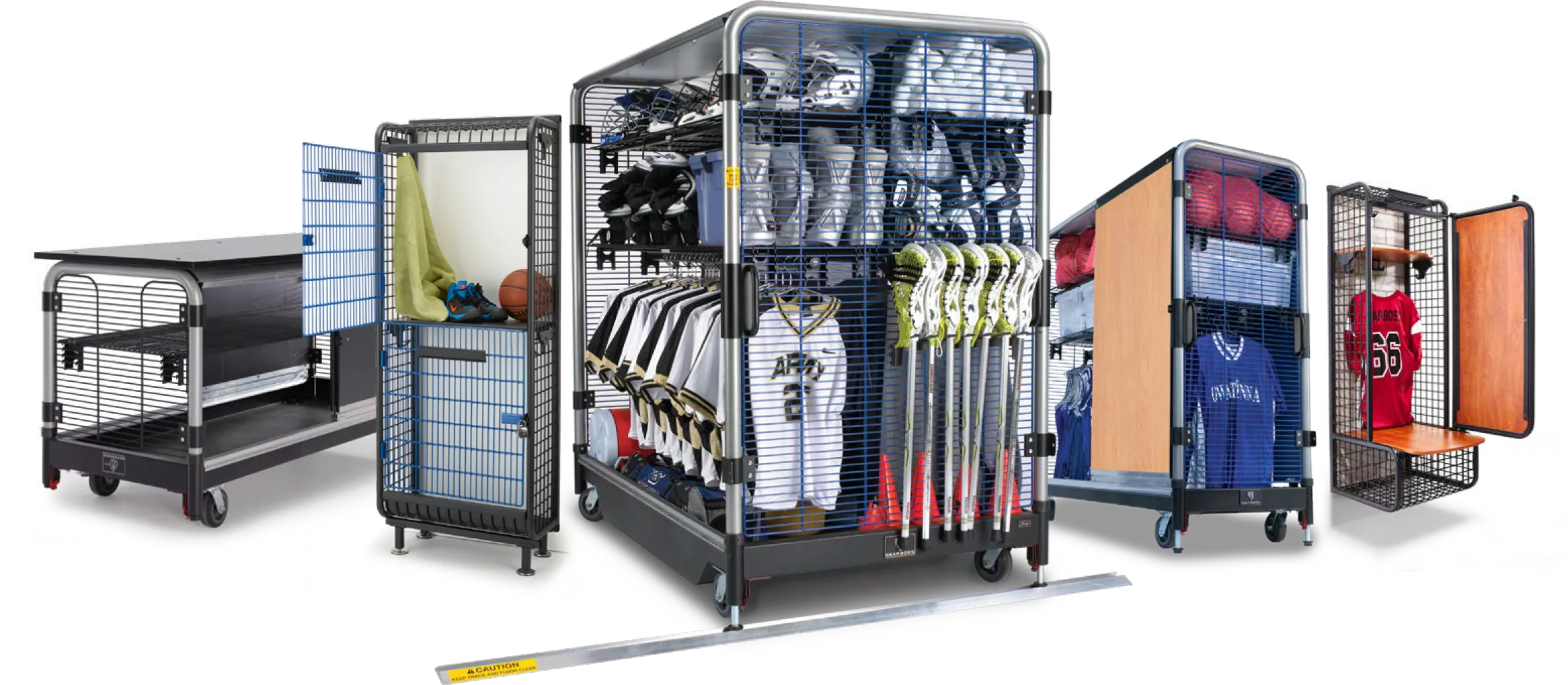 GearBoss carts, shelving and lockers loaded with athletic gear