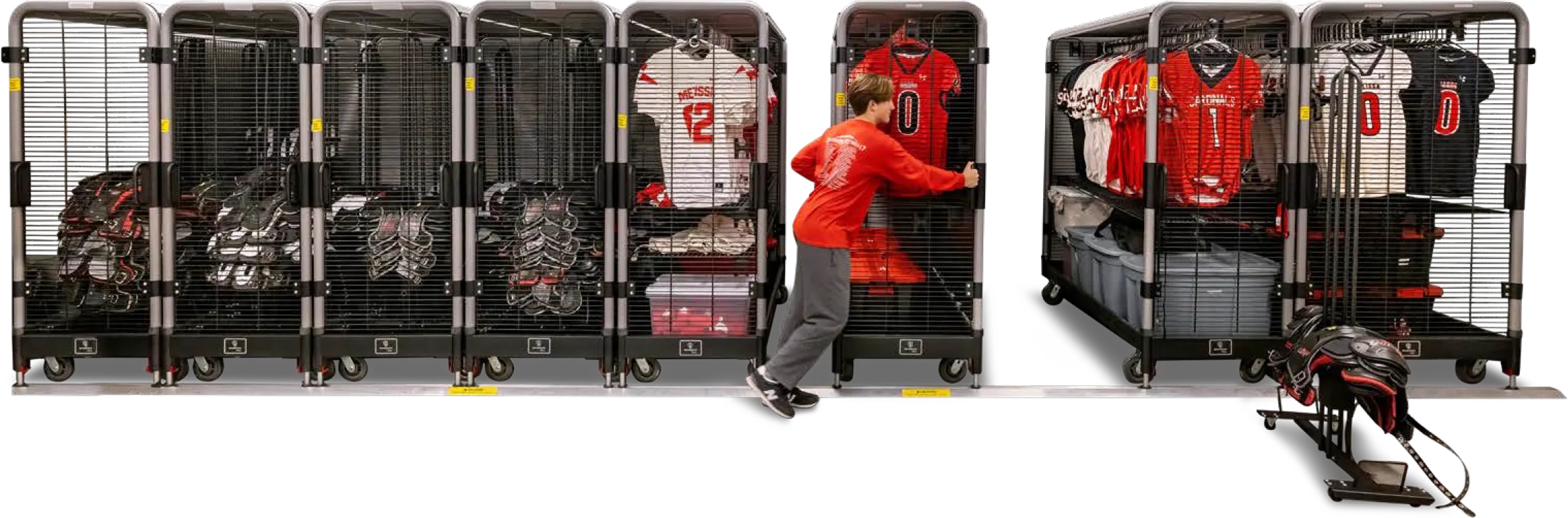 Athletic equipment organized in GearBoss storage systems