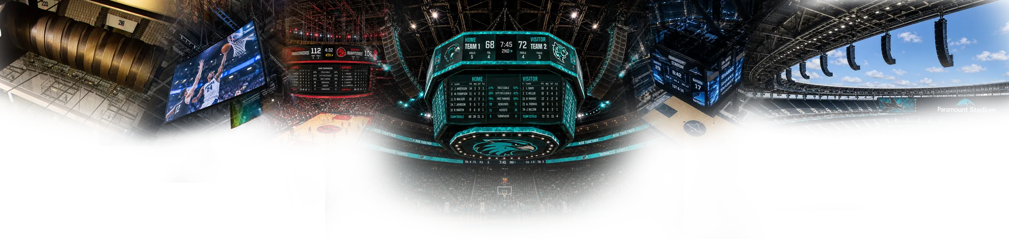Suspended arena scoreboards and sports venue rigging